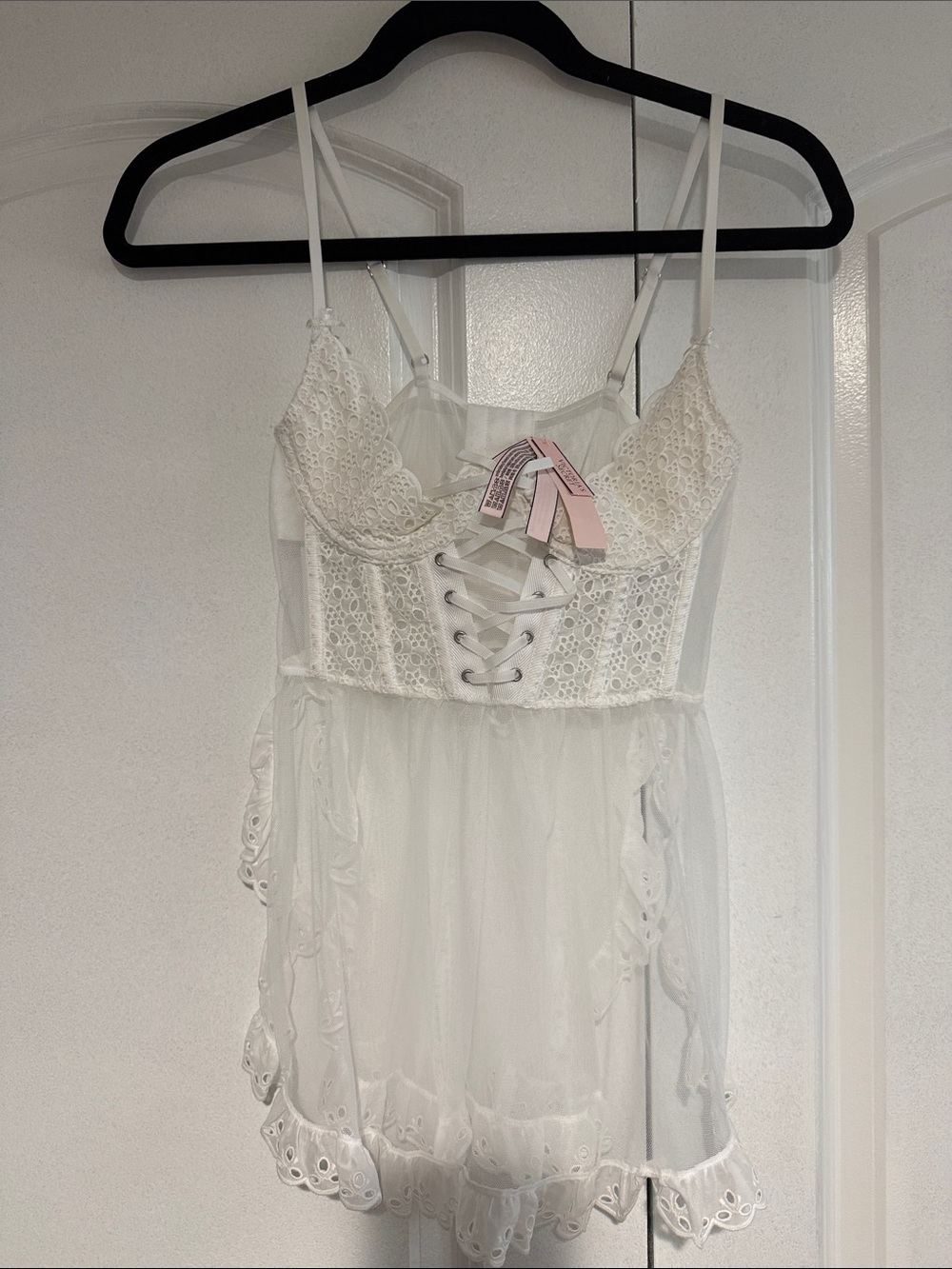 Victoria's Secret White Lace-Up Mesh & Eyelet Chemise